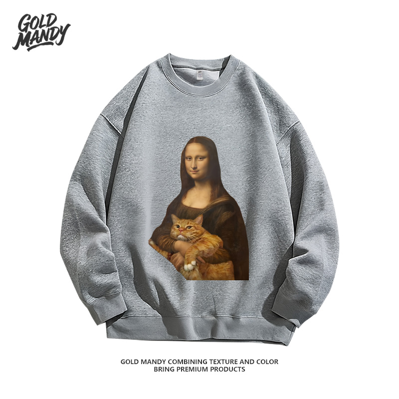 蒙娜丽莎世界名画猫咪哈基米设计印花重磅纯棉卫衣服男女同款上衣