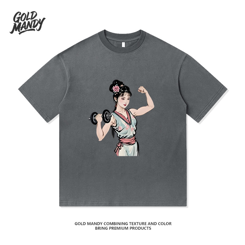 林黛玉肌肉健美设计印花可爱百搭重磅纯棉T恤半袖杉情侣男女同款