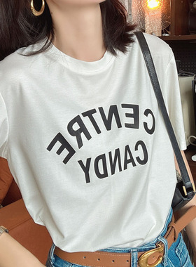 越简单越显品质 冰丝罗马2023新款夏季短袖t恤女正肩白色字母体恤