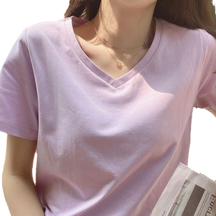 2024新款短袖t恤女网红上衣宽松纯白色纯棉夏V领内搭基础香芋紫潮