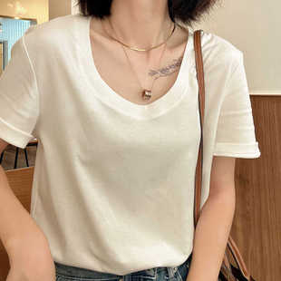 HXS轻奢高品质法国进口 T恤宽松上衣女 丝光棉白色u型领露锁骨短袖
