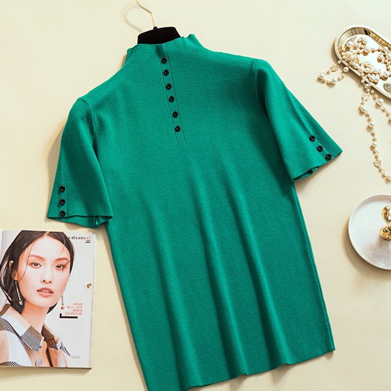 2019早春女針織衫短袖半高領套頭修身韓版中袖扣子毛衣打底衫上衣在類目 女裝/女士精品, 毛針織衫中 - 來自Buy2taobao.com提供專業的淘寶代購服務