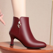 女软皮短靴2025冬季 新款 尖头时尚 细跟高跟鞋 加绒皮鞋 百搭一件代发