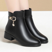 冬季 加绒女鞋 圆头保暖舒适粗跟短筒侧拉链休闲棉靴中年妈妈靴子女