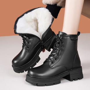 东北大棉女鞋冬季加绒厚底女靴真皮毛一体马丁靴英伦风粗跟短靴子