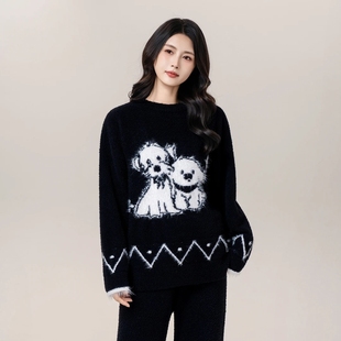 2025秋冬新款半边绒睡衣女小狗加绒保暖可外穿家居服软绵绵居家服