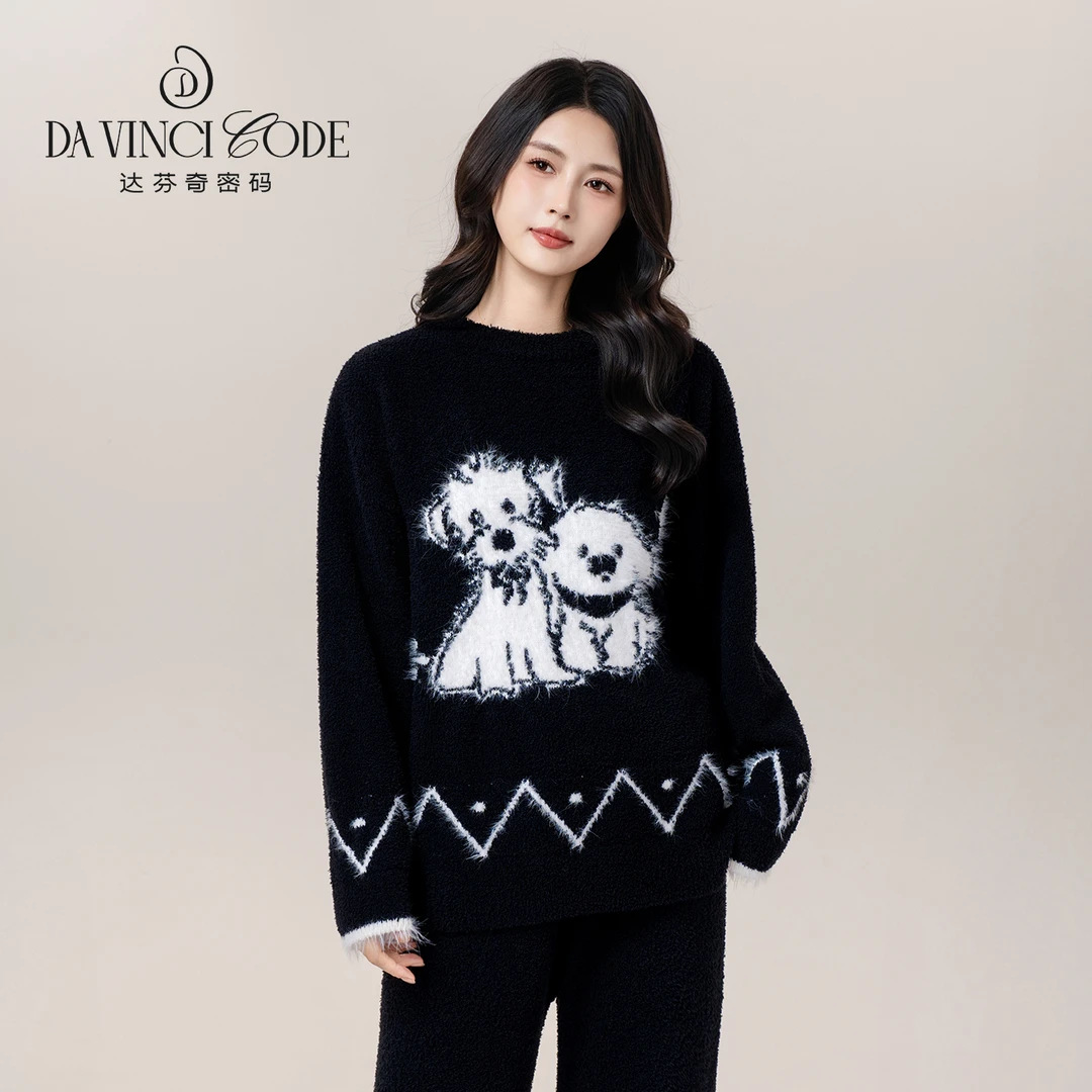 达芬奇密码2025秋冬新款半边绒睡衣女小狗加绒保暖可外穿厚家居服