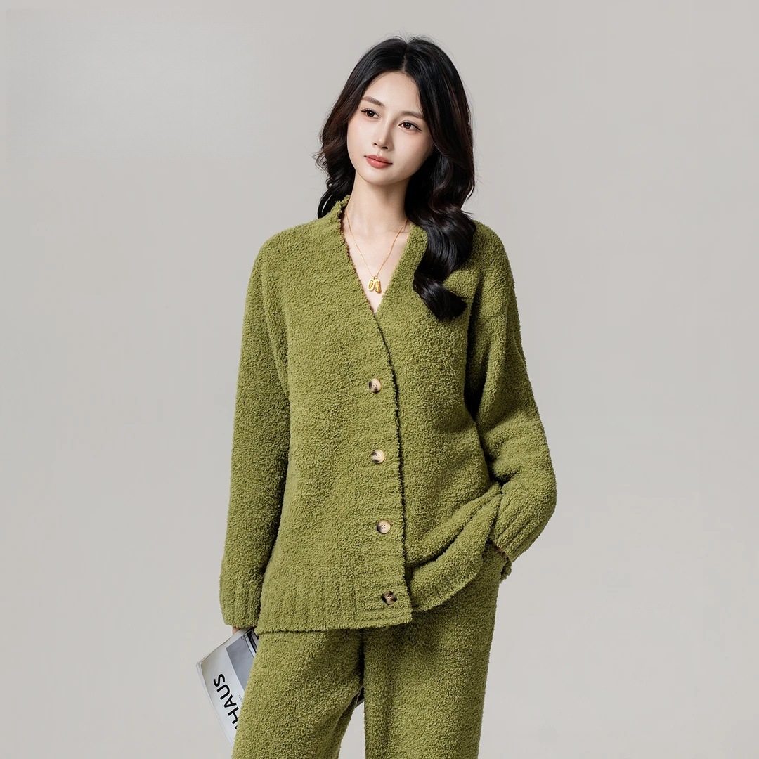 秋冬季半边绒绿色睡衣女时尚慵懒女装休闲毛衣纯色针织开衫可外穿,女士内衣/男士内衣/家居服,睡衣/家居服套装,淘宝优惠券,粉丝福利购,淘宝优惠卷