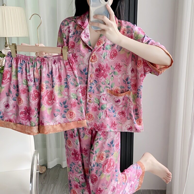 夏款妈妈装冰丝提花双面印花短袖三件套仿真丝女士睡衣家居服套装