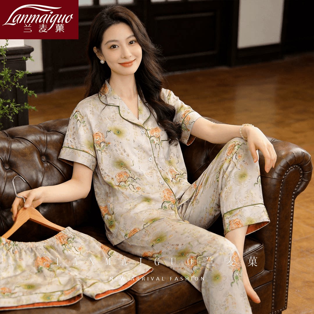 2026春夏新款夏季香云丝睡衣女复古国风花卉冰丝三件套宽松家居服