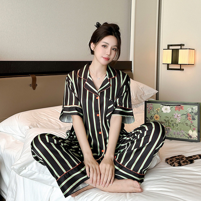 高级感条纹睡衣女2024夏季新款撞色竖条冰丝绸睡裙高端大牌家居服
