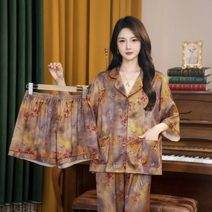2026春夏新款高级感复古风冰丝睡衣女薄款唐朝粉韵三件套家居服