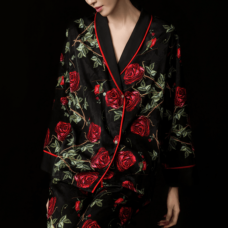 2025新款达芬奇黑金玫瑰四季高级感睡衣女轻奢时尚优雅家居服套装