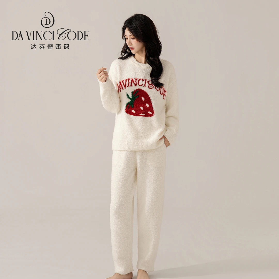 达芬奇密码半边绒草莓保暖睡衣女冬季新款长袖加厚加绒家居服女装