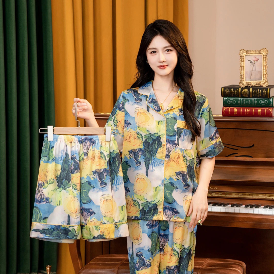 达芬夏季高级感冰丝睡衣女士宽松大码油墨三件套家居服可外穿