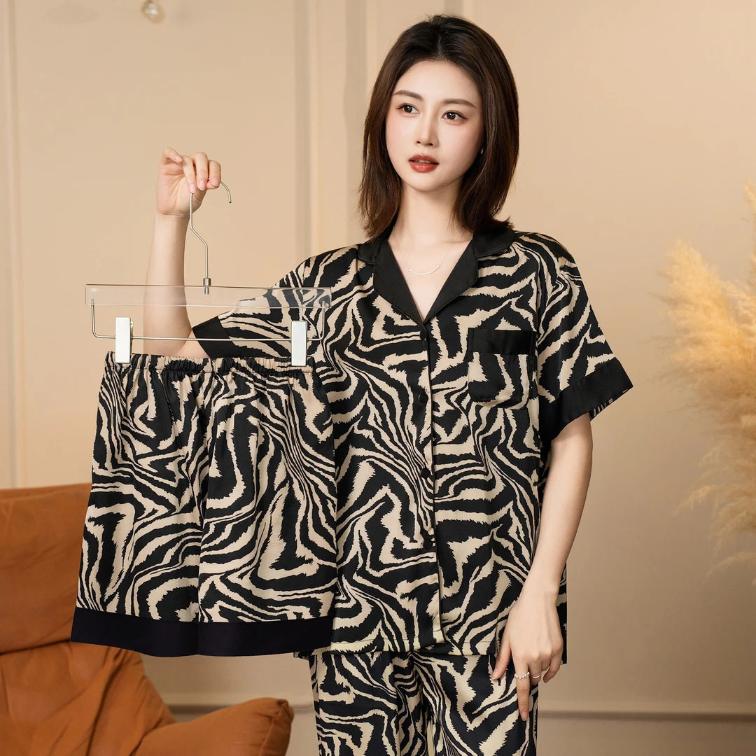 达芬奇密夏季高级感斑马纹冰丝丝绸女款居家服套装薄款睡衣三件套