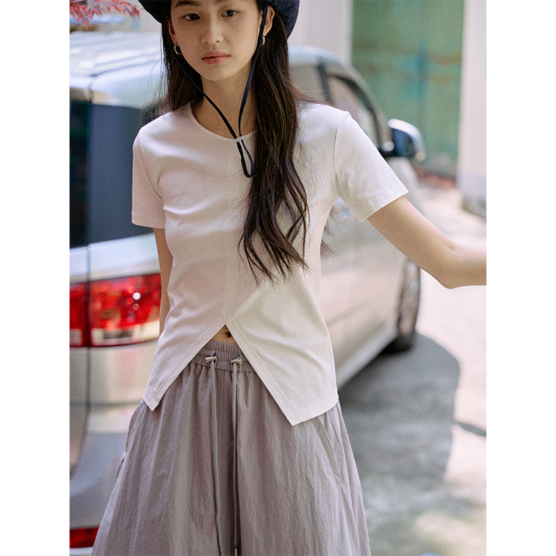Jicouture桑蚕丝棉混纺设计感开衩T恤女夏季圆领显瘦短袖正肩上衣