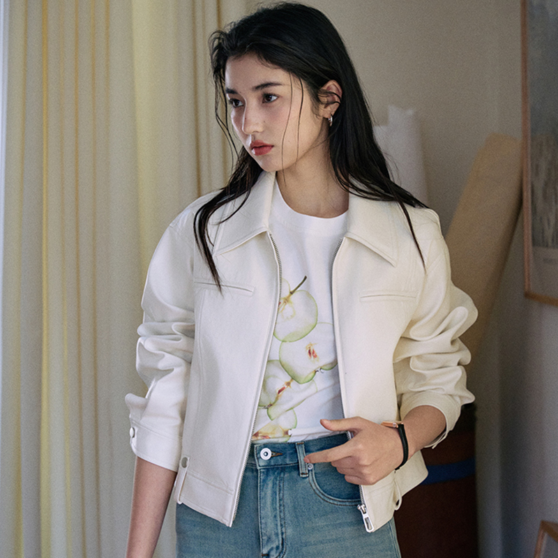 Jicouture浅色短款翻领高腰皮衣夹克女春夏美式高级感PU皮短外套