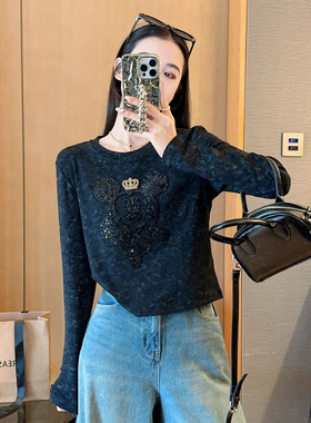 高级感重工亮片米奇黑色长袖恤女早秋修身显瘦短款上衣春秋打底衫