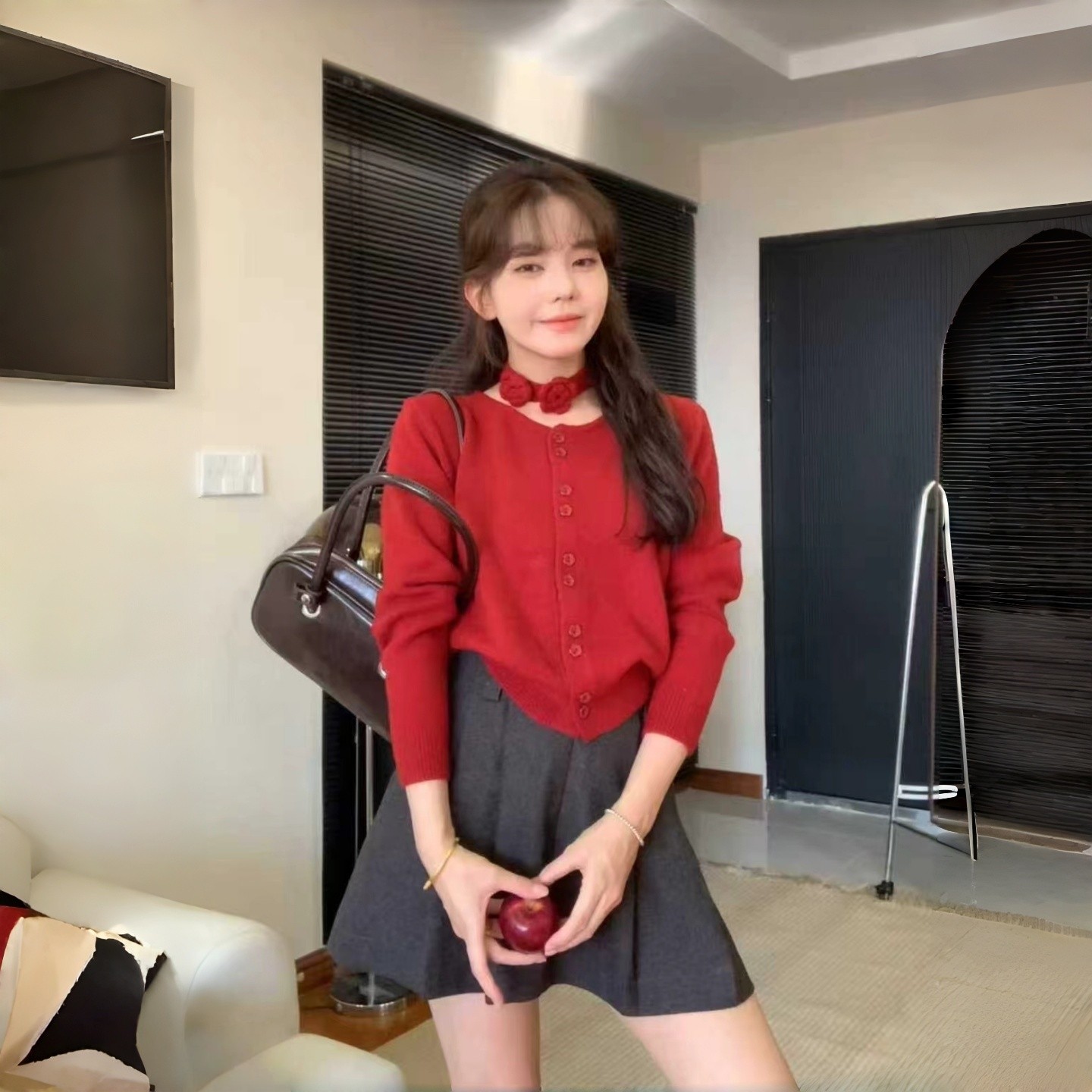红色针织开衫女小香风毛衣外套巨好看上衣秋冬春节圣诞穿搭配围脖