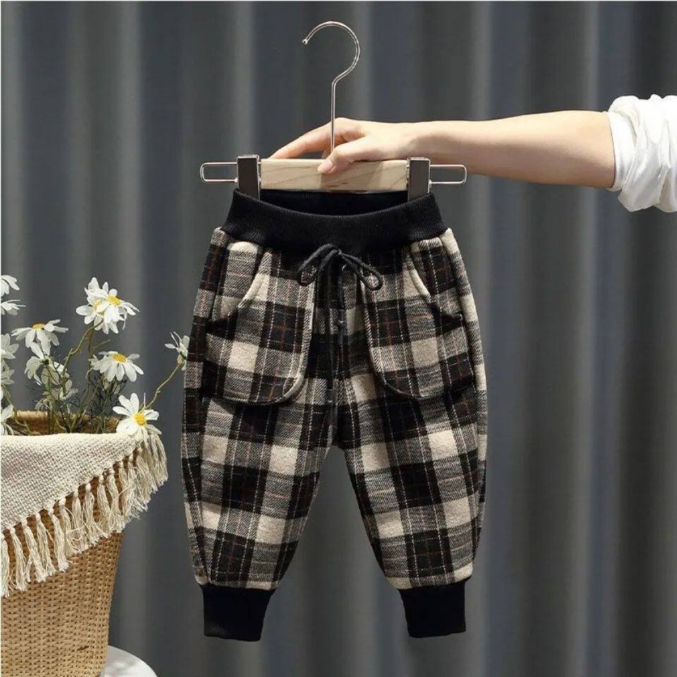 女童裤子2024宝宝宽松裤子洋气春秋款格子裤加绒长裤外穿小孩裤子