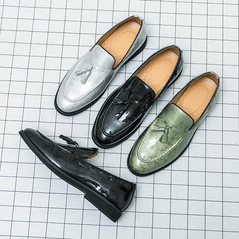 增高大码46流苏皮鞋男鞋漆皮镜面男士休闲鞋套脚时尚潮流印花皮鞋