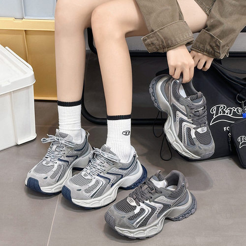 欧货2025早秋新款真皮厚底老爹鞋女小怪兽黑色网面松糕底休闲鞋潮