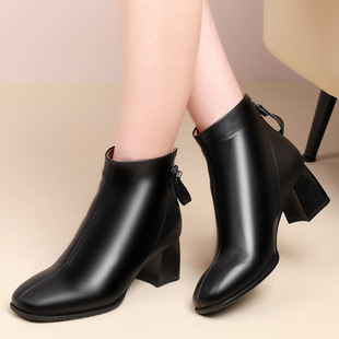2025真皮高跟短靴女春秋季单靴新款真皮靴子粗跟妈妈鞋加绒全羊毛