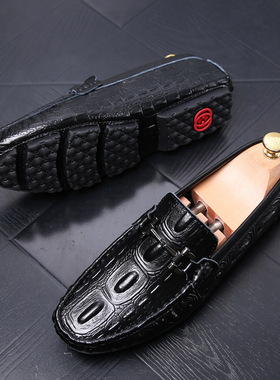 豆豆鞋男真皮2025春秋潮流套脚鞋鳄鱼纹黑色休闲外贸大码men shoe