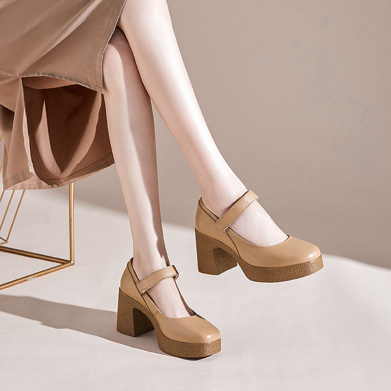 春夏高跟鞋女新款真皮不累脚女鞋粗跟软底玛丽珍小皮鞋配裙子单鞋