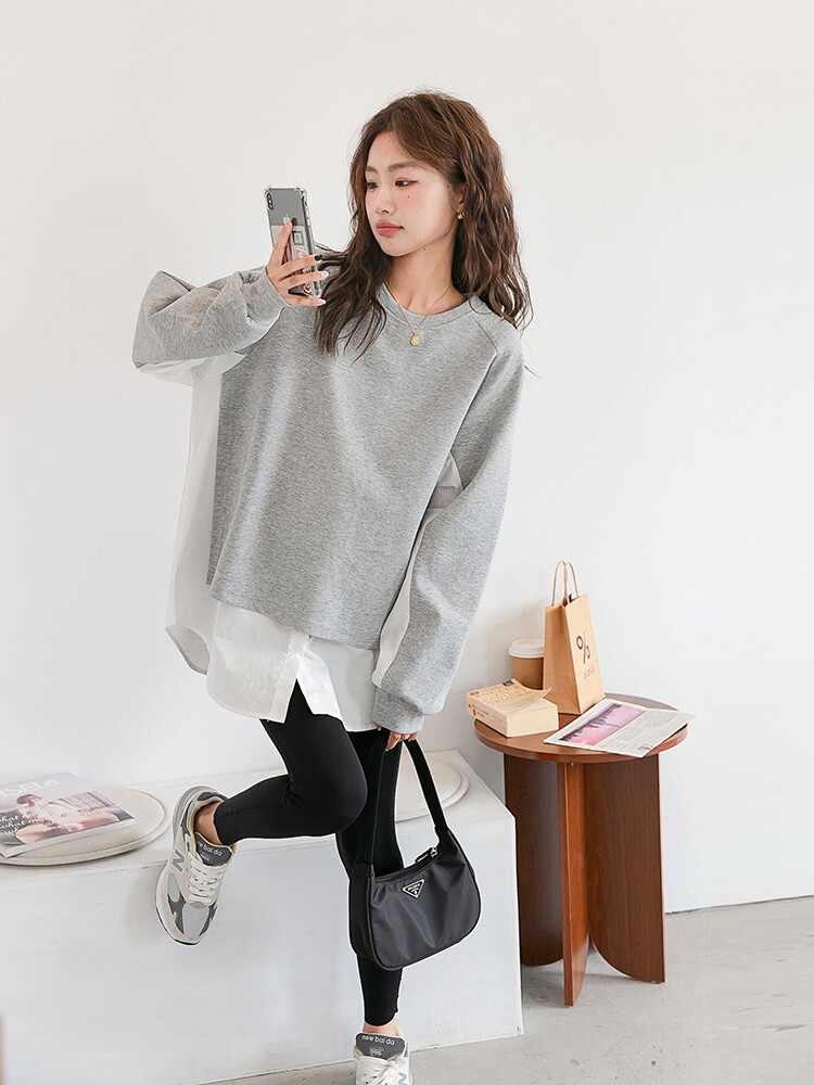 임산부를 위한 가을 상의 패셔너블하고 루즈한 배색 스플리싱 중간 길이의 스웨트셔츠 하의 셔츠 봄 가을 산모복