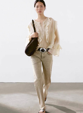 春夏新款 Dutti法式浪漫荷叶边米色V领长袖衬衫上衣 05181956714