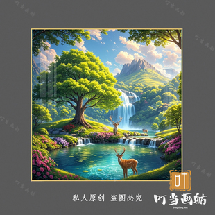 正方形聚宝盆招财鹿流水瀑布山水画客厅沙发背景墙卧室晶瓷框挂画