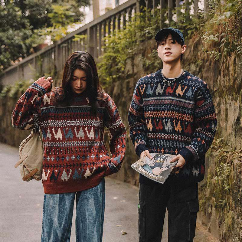 2021 FALL|WINTER JAPANESE TREND KNIT SWEATER ETHNIC STYLE COUPLE OUTFIT KOREAN LOOSE CHRISTMAS CASUAL SWEATER MENS TREND