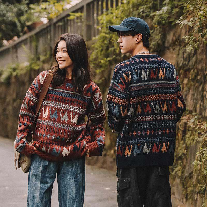 2021 FALL|WINTER JAPANESE TREND KNIT SWEATER ETHNIC STYLE COUPLE OUTFIT KOREAN LOOSE CHRISTMAS CASUAL SWEATER MENS TREND