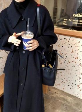 DRAN-700822尖领英伦风米色手缝中长款羊毛大衣宽松气质外套