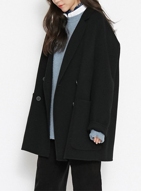 DRAN-801322经典款四粒扣小个子手缝双面羊毛大衣黑色呢子外套