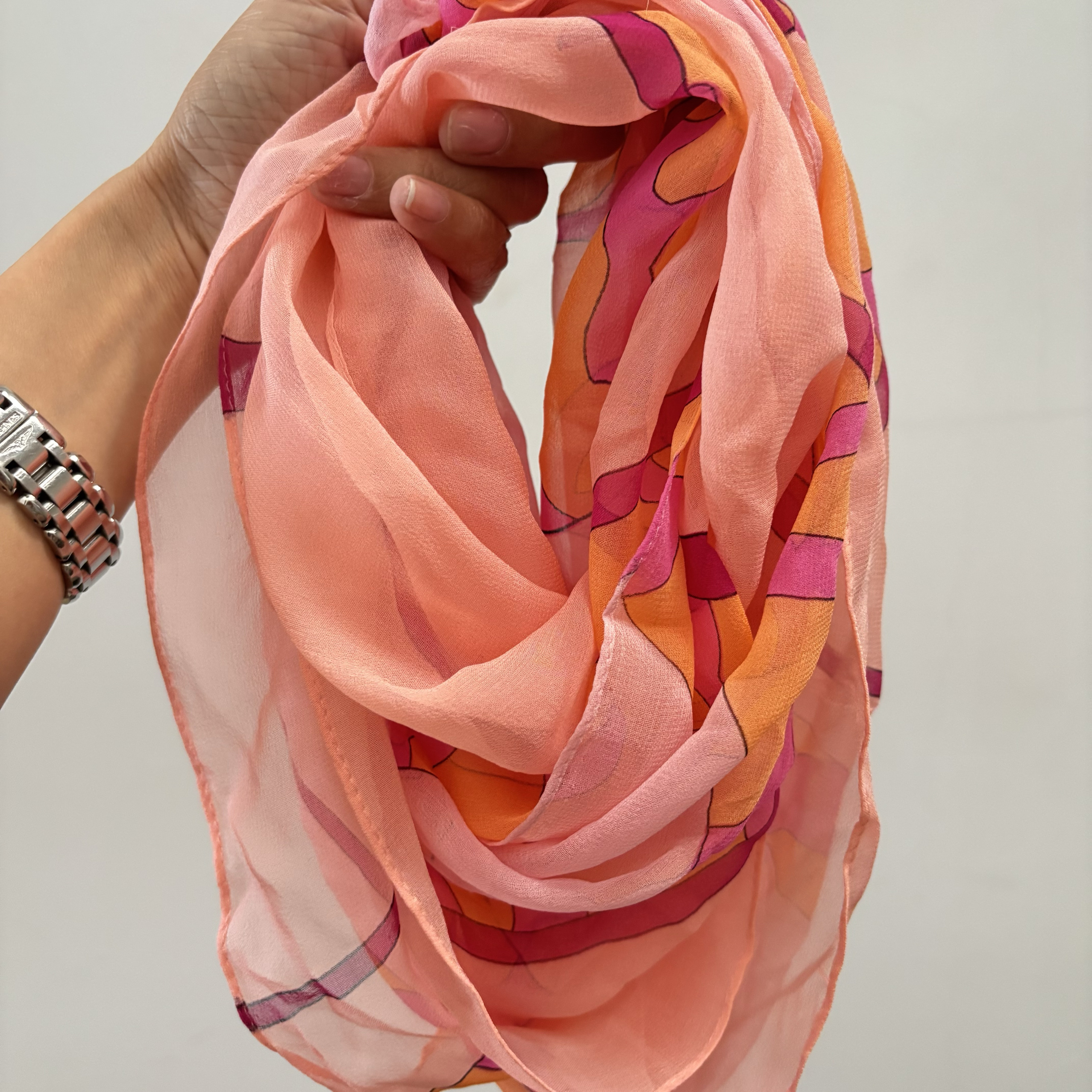 桔粉花纹乔其纱丝巾100%桑蚕丝