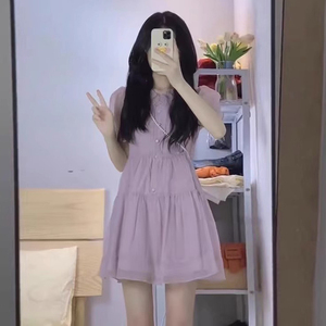 温柔紫色泡泡袖衬衫连衣裙子女夏季2023新款法式气质收腰公主短裙