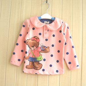 悦佳S2 儿童翻领经典波点小熊长袖上衣女童宝宝春秋款印点T恤