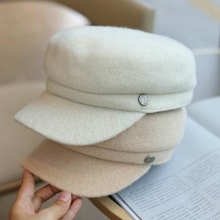 帽范 韩版百搭小标简约秋冬羊毛针织鸭舌平顶帽日系保暖休闲帽女