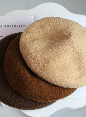 帽范 100羊毛~韩系立体卷毛复古贝雷帽女秋冬保暖甜美百搭画家帽