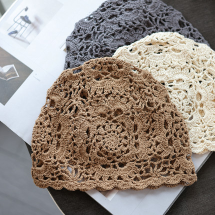 帽范 棉线款~春夏优雅甜美手工钩花包头帽文艺复古镂空透气针织帽