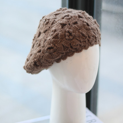 帽范 复古立体钩花双层马海毛线贝雷帽优雅秋冬护耳针织包头帽女