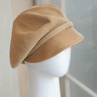 帽范 日系亚麻软顶拼接草编鸭舌帽休闲简约透气轻薄报童帽春夏女