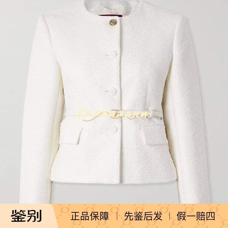 英国代购Gucci古驰 9折新款时尚 系腰带棉混纺 白色圆领短款外套