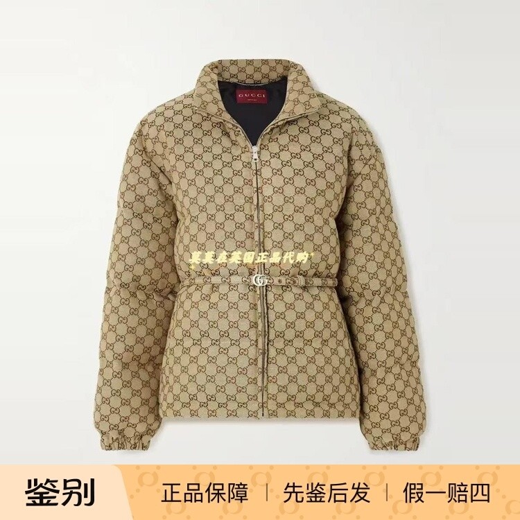 英国代购Gucci古驰 9折时尚 配腰带皮革边饰棉质混纺帆布羽绒外套