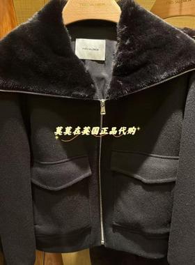 英国代购Yves Salomon 85折时尚气质 黑色水貂毛翻领女士皮草外套