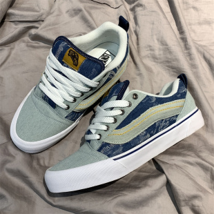 百搭复古板鞋 街头胖胖面包鞋 skool蓝色水洗做旧牛仔布休闲鞋 Knu