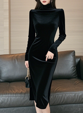 黑色丝绒修身连衣裙女半高领秋冬裙子显瘦收腰包臀裙主持晚宴礼服